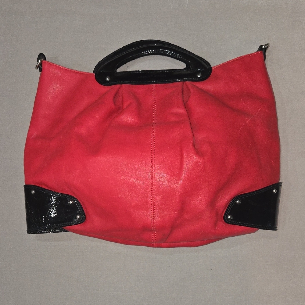 Donald J. Pliner Vibrant Red Hobo Bag with Glossy Black Accents